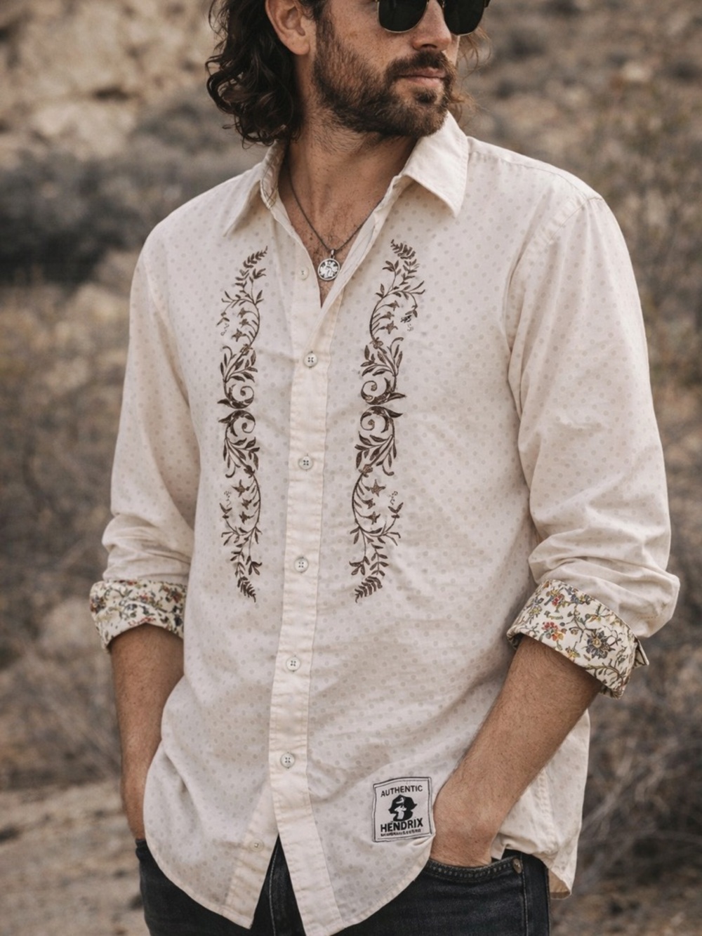Authentic Hendrix Embroidered Button Down Shirt XXL Boho Western Floral Contrast